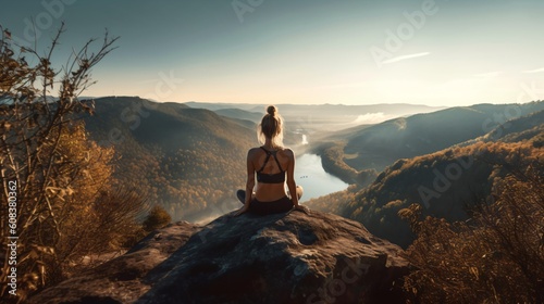 Woman practicing yoga and meditation on a mountain. Generative AI