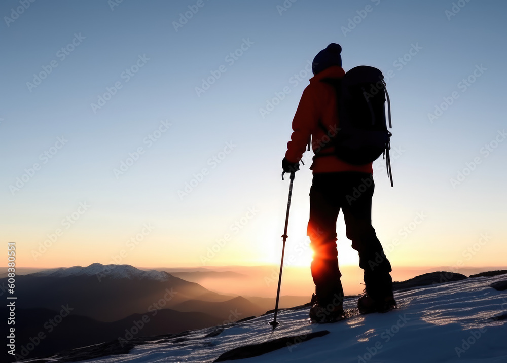 Silhouette of a man with trekking poles looking on a mountain at sunset. Adventure, Hiking and awe-inspiring landscapes concept. AI Generative