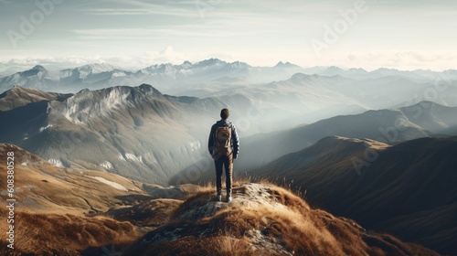 Back view photograph of a hiker on top of a mountain. Generative ai