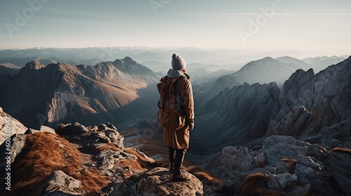Back view photograph of a hiker on top of a mountain. Generative ai