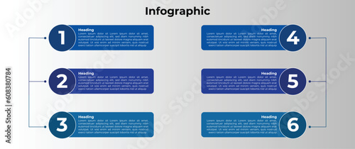Infographic. Business data visualization. 6 steps infographic design template with icons. Process diagram, workflow, flow chart. Modern infographic template with six steps