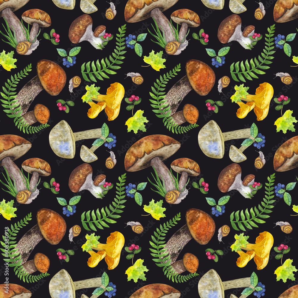 Seamless pattern forest: edible mushrooms, leaves and berries, fern, snail, grass, cranberry, mountain ash. Hand draw watercolor illustration on black background. For textiles, packaging, fabric Seamless pattern forest: edible mushrooms, leaves and berries, fern, snail, grass, cranberry, mountain ash. Hand draw watercolor illustration on black background. For textiles, packaging, fabric