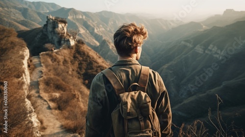 Male travel influencer hiking on a mountain. Generative AI
