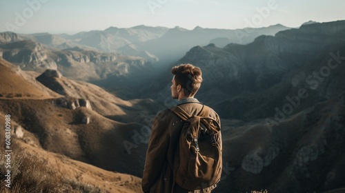 Male travel influencer hiking on a mountain. Generative AI © XtravaganT