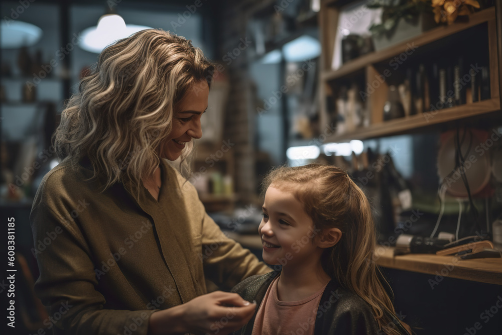 A woman combing a little girl hair in a salon. AI generative. A woman combing a little girl hair in a salon. AI generative.