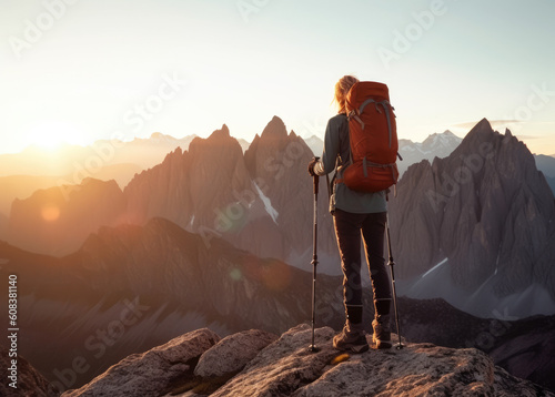 Silhouette of a woman with trekking poles looking on a mountain at sunset. Adventure, Hiking and awe-inspiring landscapes concept. AI Generative