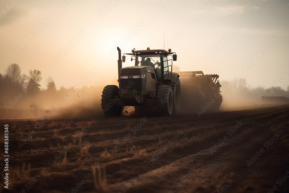 Fototapeta premium A tractor working on field at golden hour, AI-Generated
