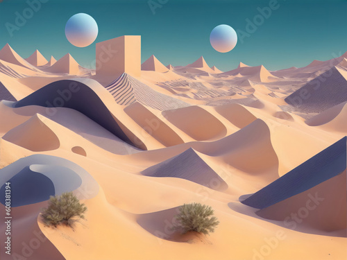 Abstract 3d of desert landscape with geometrical shapes.