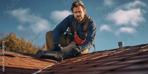Dachdecker Mann arbeitet auf dem Haus Dach und ist konzentriert  Dachdeckerei Beruf mit Zukunft  ai generativ