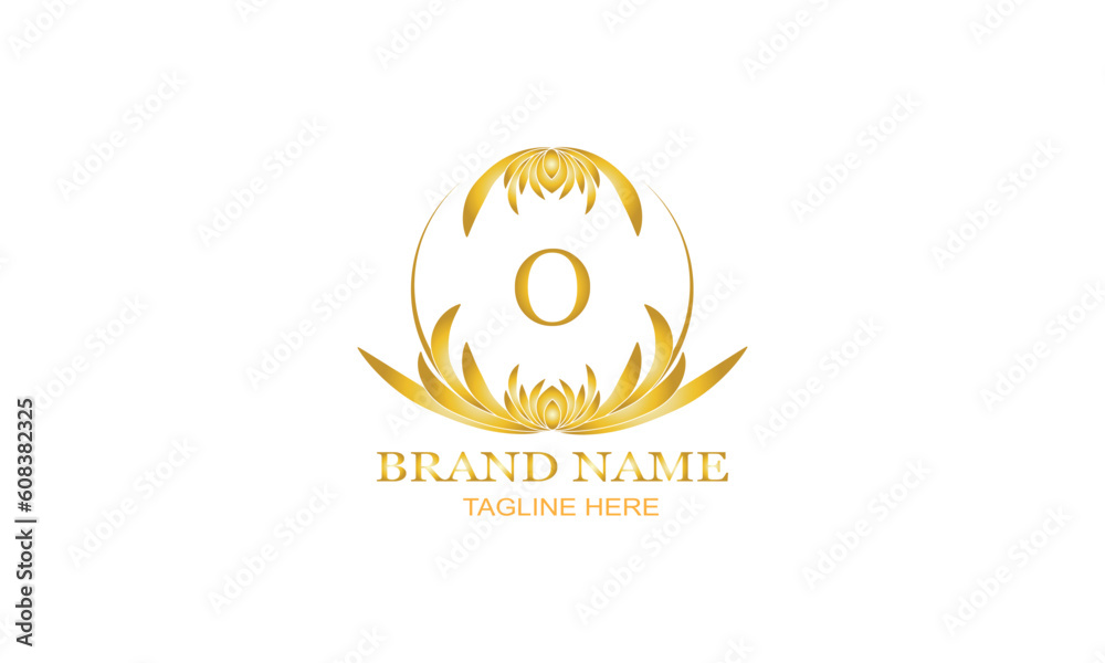 Gold luxury logo, elegant monogram vector design with initial letter O on white background.