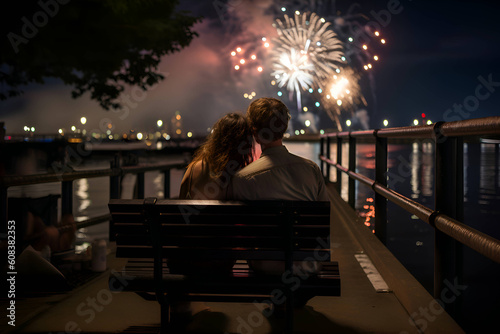 Couple in love watching fireworks over the river, Generative AI 5