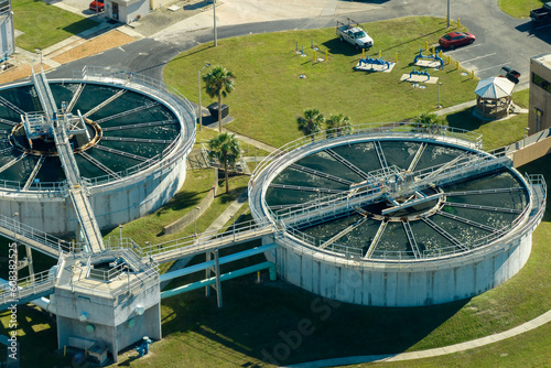 Aerial view of water treatment factory at city wastewater cleaning facility. Purification process of removing undesirable chemicals  suspended solids and gases from contaminated liquid