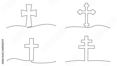Continuous one line drawing of crosses set. Symbol of religion, Vector illustration.