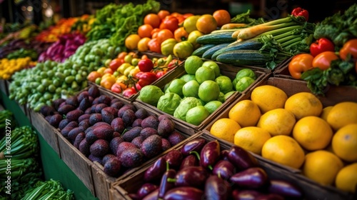A close-up shot of fresh fruits and vegetables arranged in a vibrant display at a local farmers market. AI generated