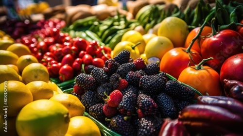 A close-up shot of fresh fruits and vegetables arranged in a vibrant display at a local farmers market. AI generated