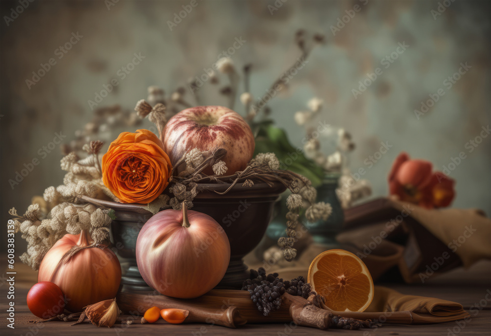 Still life with vegetables and fruits on a wooden background. Still life with vegetables and fruits on a wooden background.