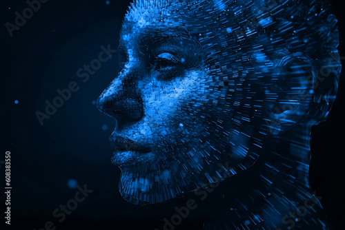 Silhouette of a 3d human head made of dots and particles. Concept of Artificial intelligence and Neural Network. Generative Ai.