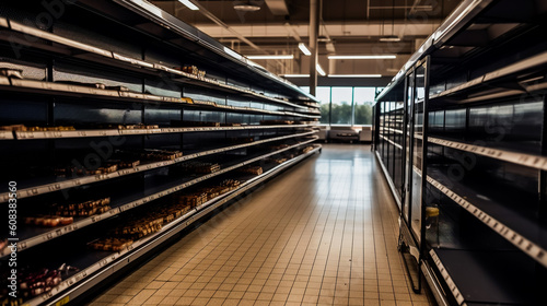 Lack of Goods.  Barren Shelves.  Empty Grocery Store. AI generated