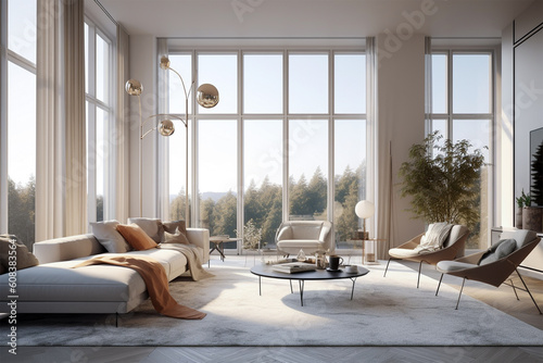 Luxury modern living room white furniture floor to ceiling window.Nobody.Created with generative ai