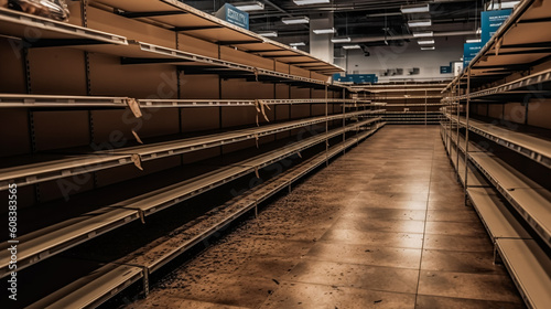 Lack of Goods.  Barren Shelves.  Empty Grocery Store. AI generated photo