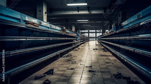 Lack of Goods. Barren Shelves. Empty Grocery Store. AI generated