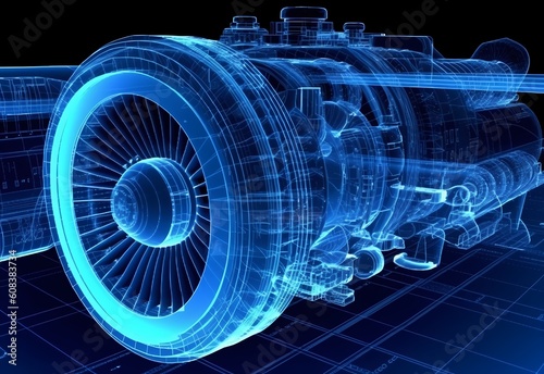 Wireframe rendering of turbojet engine on black background. Digital twins concept. 3D rendering image. Generative ai photo