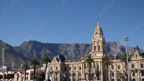 Cape Town City hall with table mountain in the background. Edwardian building and Table Mountain skyline.