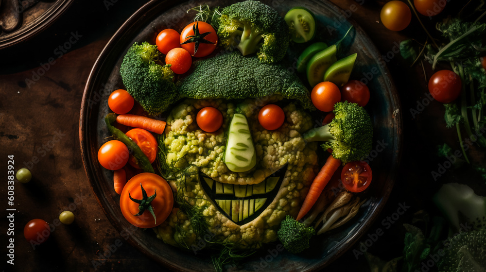 Fototapeta premium A plate of vegetables arranged to look like a funny face. AI Generated