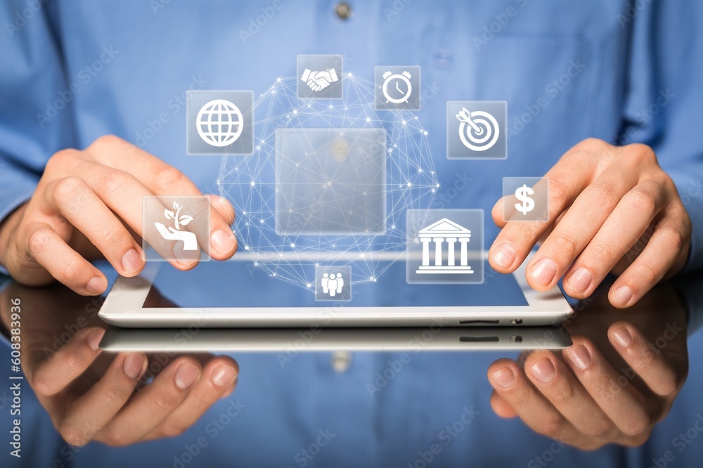 ESG environment business concept. Business person use digital tablet ESG environment business concept. Business person use digital tablet