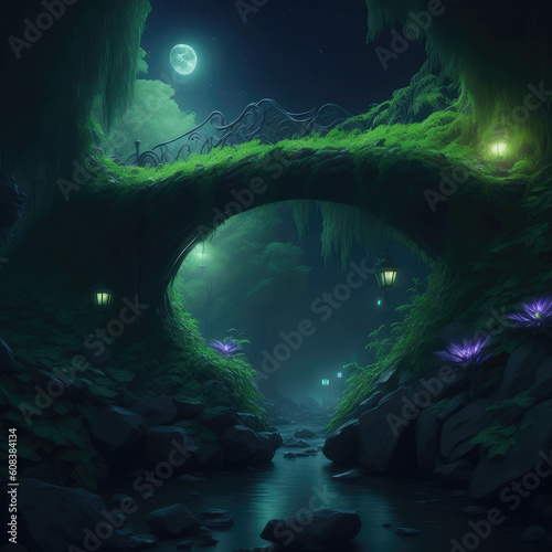 Fantasy Stone Brige Fairytale Dark Forest Night With Mist And Clouds Over River Water With Reflection Generative Ai
