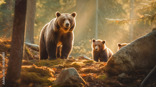 Bear family in the forest. Generative AI © EwaStudio