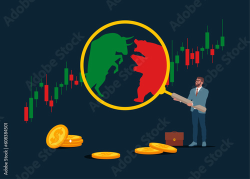 Businessman with magnifier monitor incident with Bear and Bull fighting.  of stock market trend. Root cause analysis and solving problems, risk analysis assessment. Global economy crash or boom.