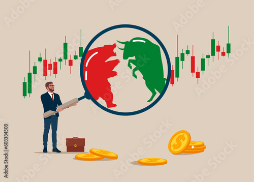 Businessman with magnifier monitor and investigate incident with bull vs bear symbol of stock market trend. Root cause analysis and solving problems, risk analysis assessment. 