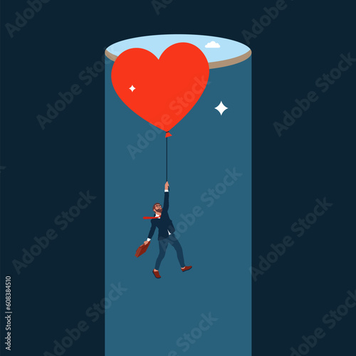 Man flying with love heart symbol. Saint Valentine's day card. Love you. Flat vector illustration