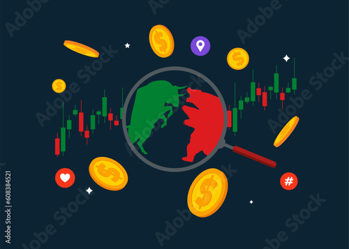 Bear and Bull fighting. Symbol of Financial markets. Global economy crash or boom. Flat vector illustration