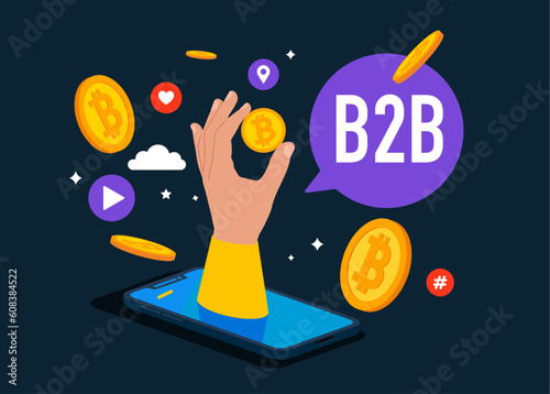 Flying symbols and bitcoin on a smartphone. B2B marketing. SMM, Internet notification. Social media network ads and internet. Appreciate the service. Vector illustration