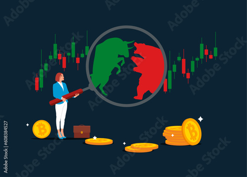 Girl with magnifier monitor incident with Bear and Bull fighting. Stock market trend. Root cause analysis and solving problems, risk analysis assessment. Global economy crash or boom.