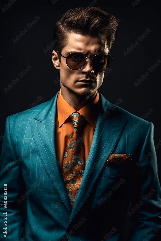 Fototapeta premium Fashionable male model in a trendy suit and sunglasses. AI Generated..