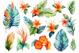 Hand drawn watercolor tropical plants set. Generative ai.
