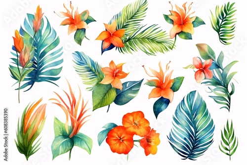 Fototapeta Naklejka Na Ścianę i Meble -  Hand drawn watercolor tropical plants set. Generative ai.
