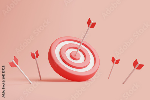 Arrows hit the center of a red dartboard on a pastel background. Concept of solution. Business goal achievement. 3d rendering illustration