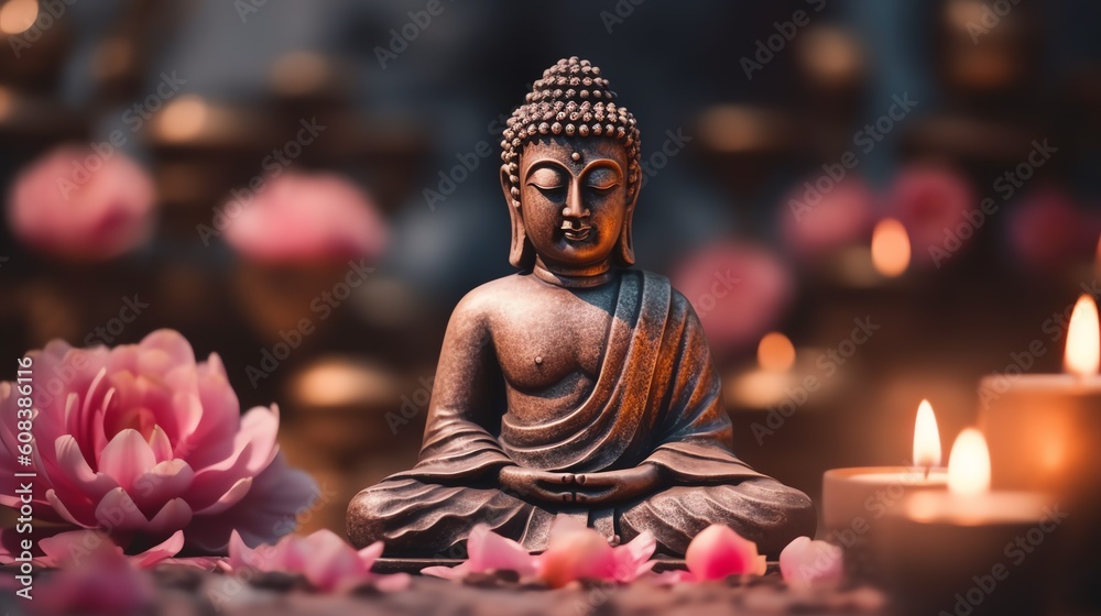 Statuette of a meditating Buddha. Lotuses and candles around