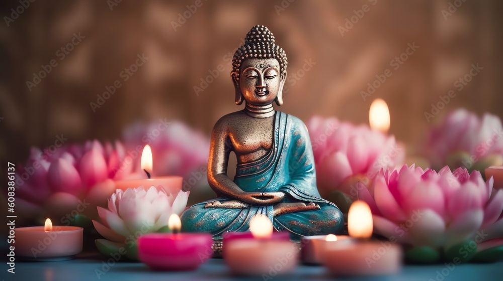 Statuette of a meditating Buddha. Lotuses and candles around