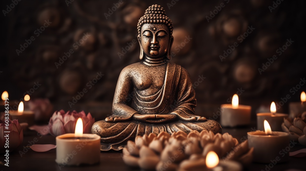 Statuette of a meditating Buddha. Сandles around