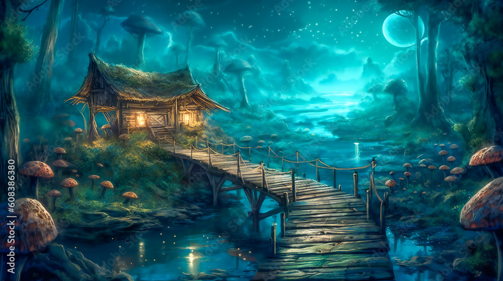 Luminous Blue Mushroom Path Forest in the Light of the Moon. Generative AI Luminous Blue Mushroom Path Forest in the Light of the Moon. Generative AI