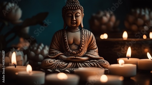 Statuette of a meditating Buddha. Сandles around © vladzelinski