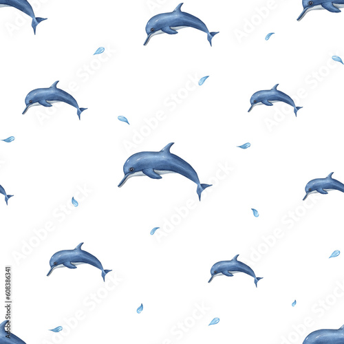 Watercolor underwater seamless pattern of swimming dolphins isolated on white background. Simple print for design  background  menus  wallpaper  fabric  textile  wrapping.