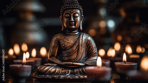 Statuette of a meditating Buddha.   andles around