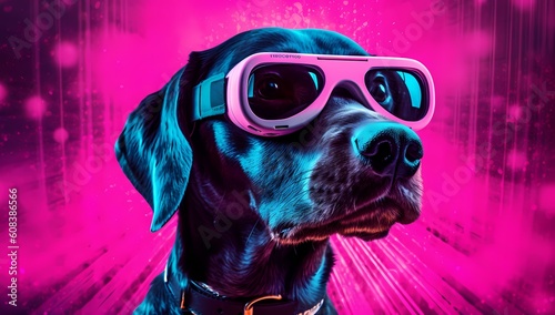 Dog wearing a VR headset. Virtual reality VR simulation, metaverse and cyberspace. AR augmented reality. Cyberpunk. Generative Ai.