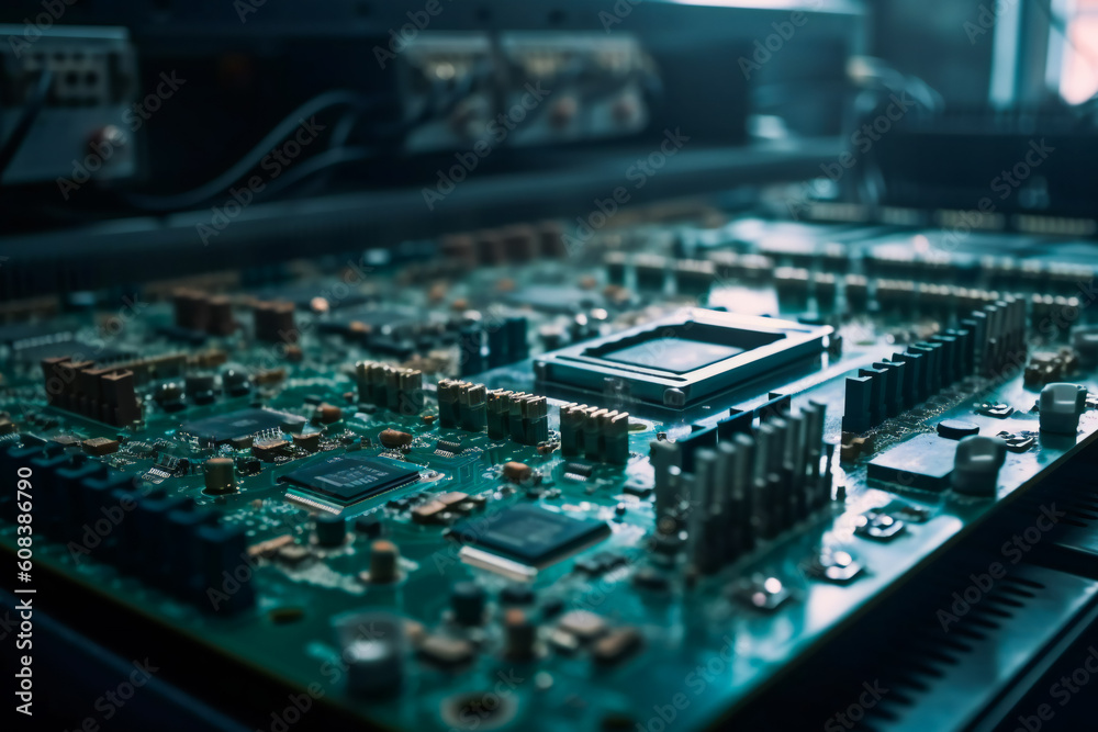 Computer Processors on Production Line on Electronics Factory. Microchip Production Process. AI Generated.